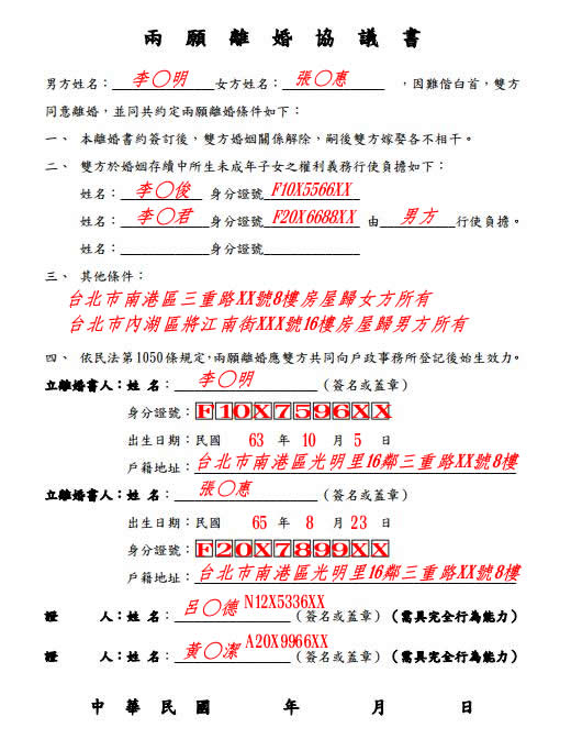 離婚協議書書寫參考範例